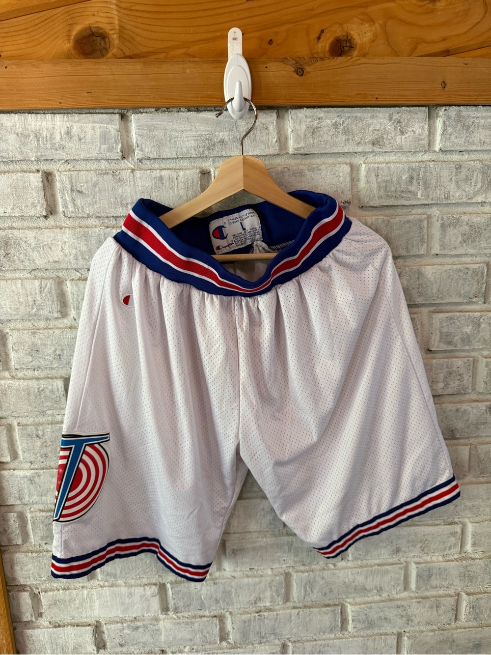 Champion White Mesh Athletic Shorts with Red & Blue Trim